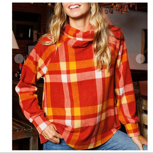 #11 Boho Beautiful Cowl Mock Neck Check Top - Picture 2 of 7